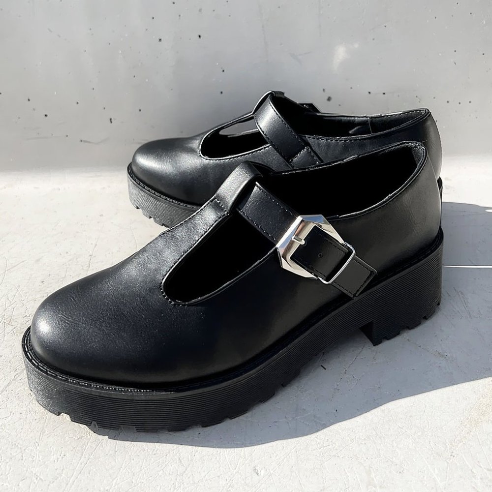 NEW Mary Jane Platform T-Strap Chunky Lug Sole Goth Altercore Loafer Shoes Black - Picture 14 of 14